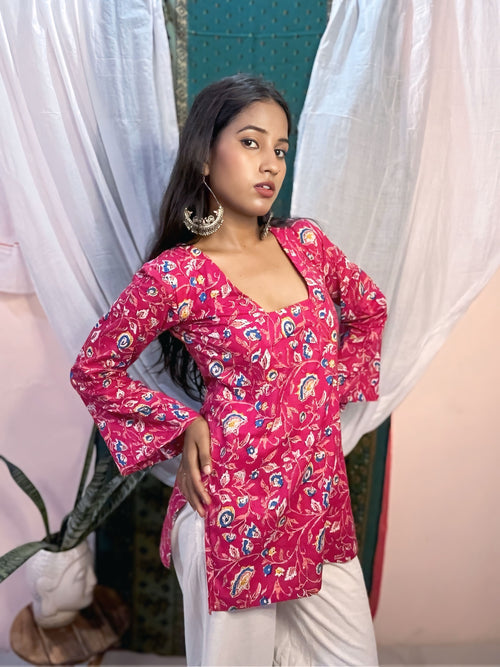 Gulabiya - Pink glass neck full sleeves floral kurti