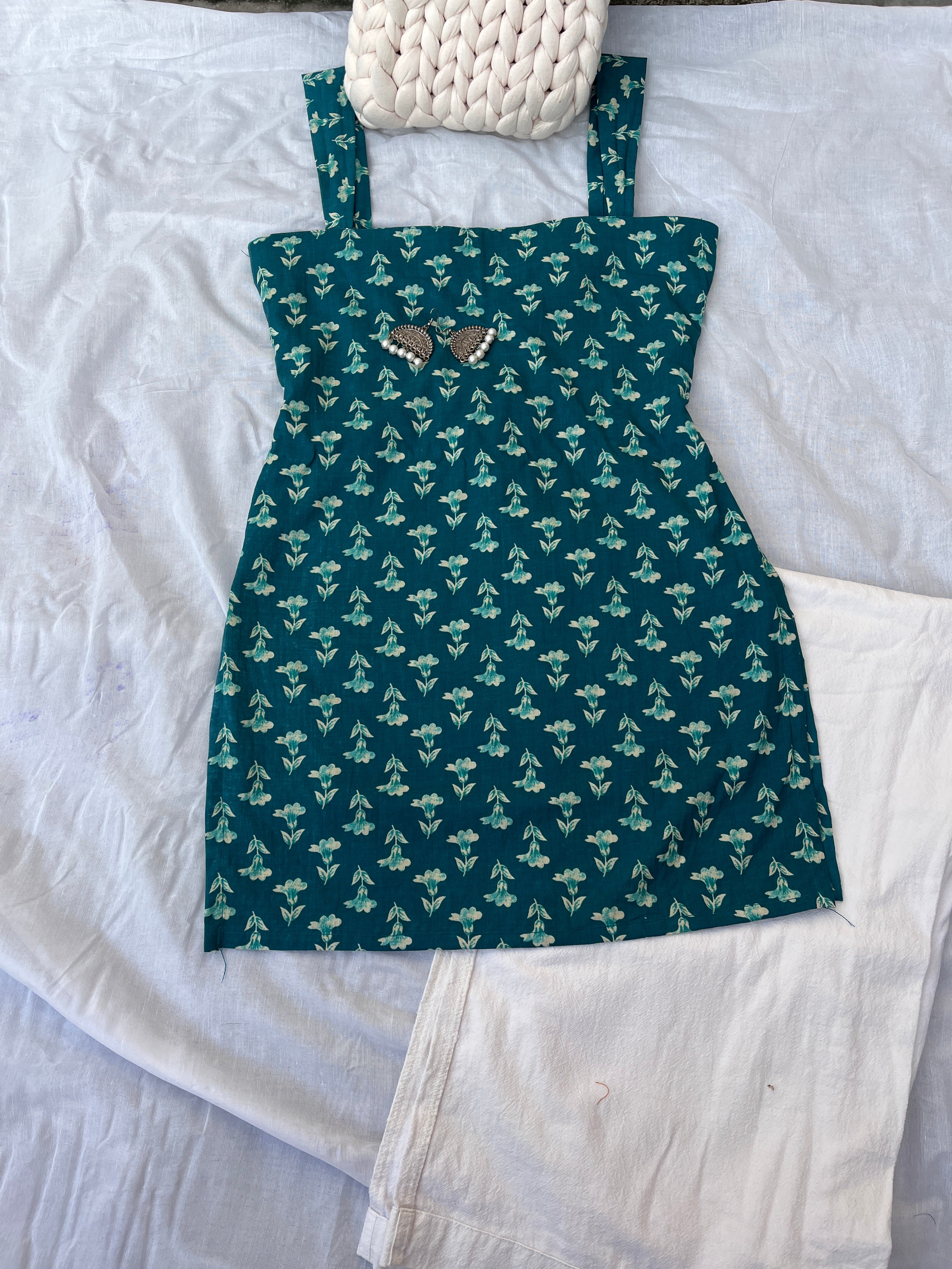 Aabroo - Teel blue block print square neck Kurti