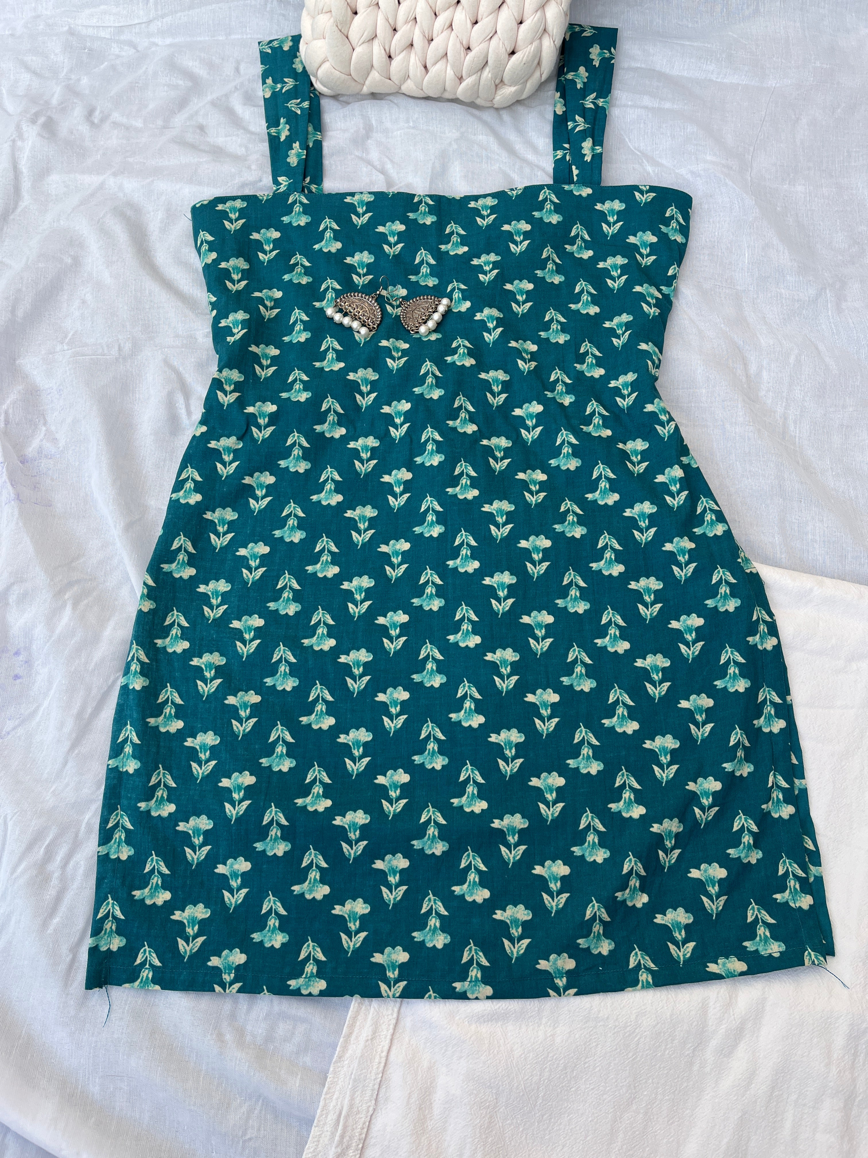 Aabroo - Teel blue block print square neck Kurti