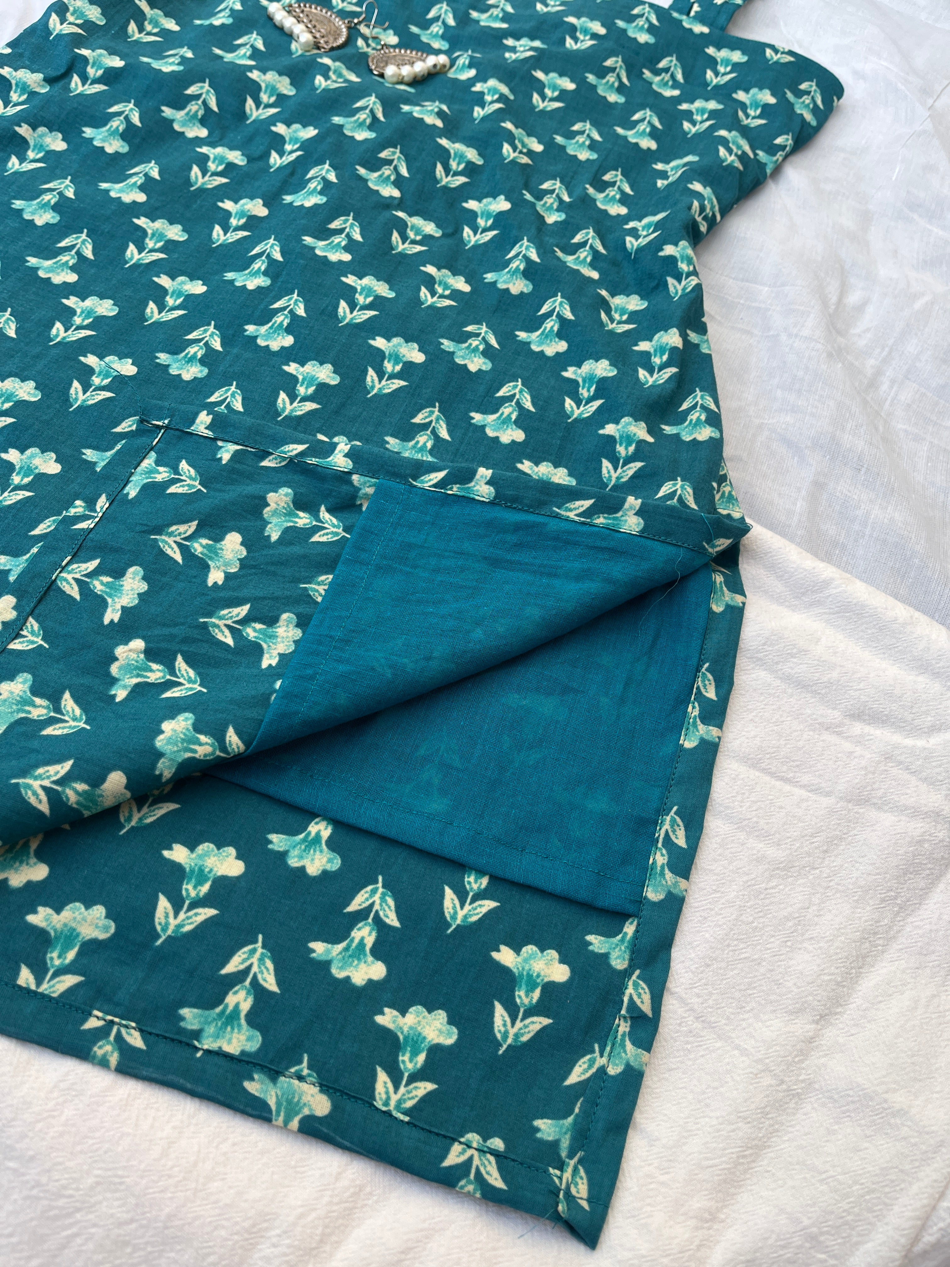 Aabroo - Teel blue block print square neck Kurti