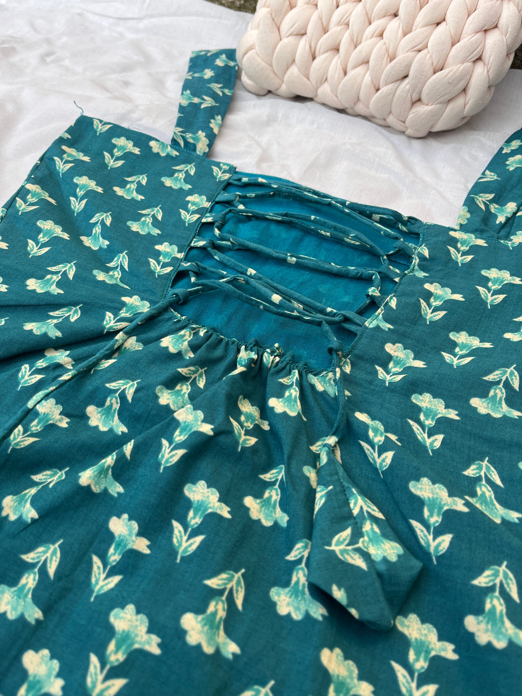 Aabroo - Teel blue block print square neck Kurti