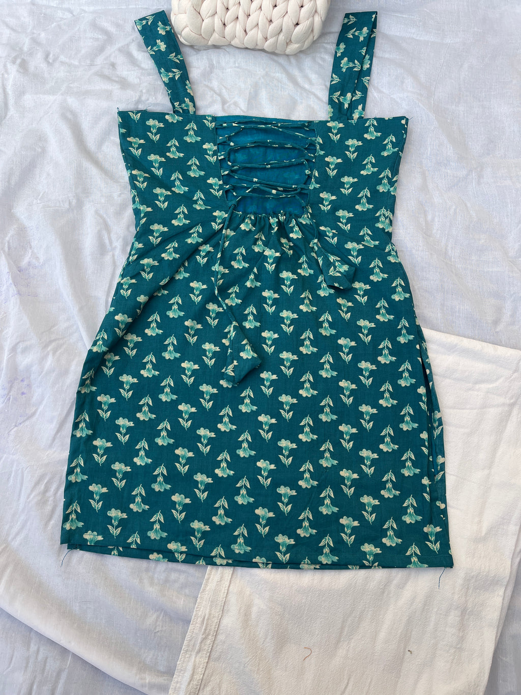 Aabroo - Teel blue block print square neck Kurti